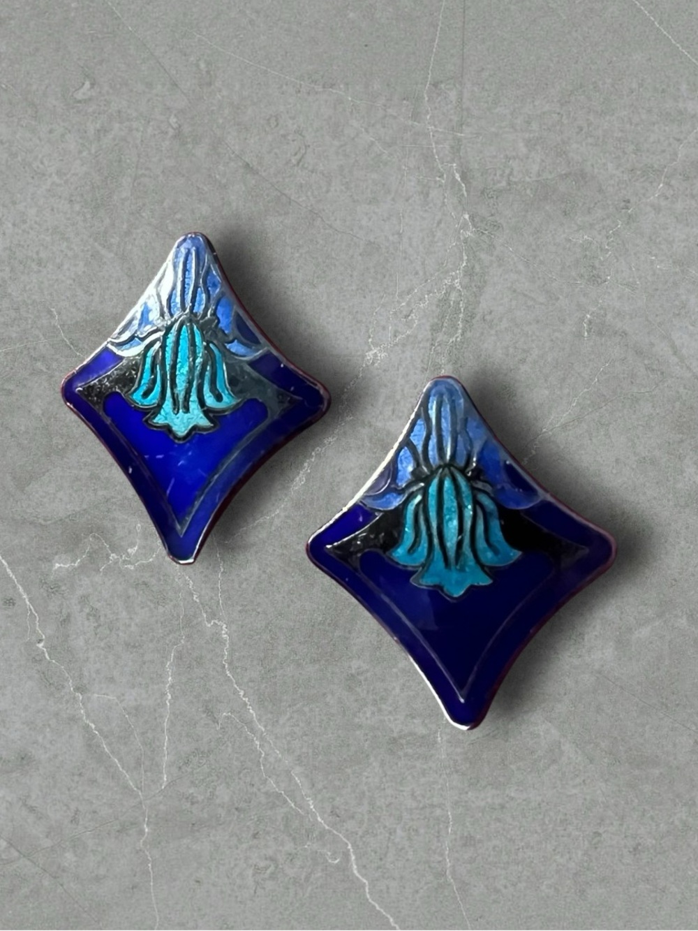 Vintage Cloisonné Enamel Iris Floral Pierced Earrings Purple Blue